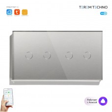 Два умных двойных WiFi выключателя Terem Techno в одной рамке Tuya / Smart Life / Digma сенсорные серые для Алисы работает как с нулевым проводом так и без него