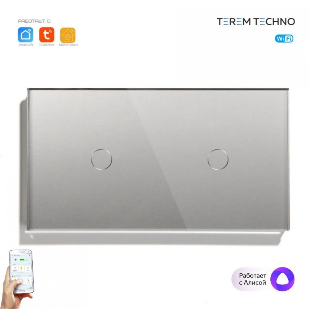 Два умных одиночных WiFi выключателя Terem Techno в одной рамке сенсорные серые Tuya / Smart Life / Digma для Алисы работает как с нулевым проводом так и без него