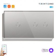 Два умных WiFi выключателя Terem Techno одиночный и двойной в одной рамке Tuya / Smart Life / Digma сенсорные серые для Алисы работает как с нулевым проводом так и без