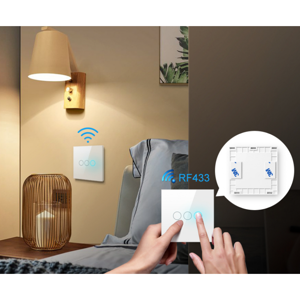 Повторитель выключатель беспроводной для умного WiFi выключателя с Алисой от Яндекса Tuya RF433 тройной стеклянный белый