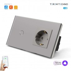 Розетка и умный выключатель Terem Techno одиночный с Алисой стеклянный серый с таймером с голосовым управлением Tuya / Smart Life / Digma умным домом