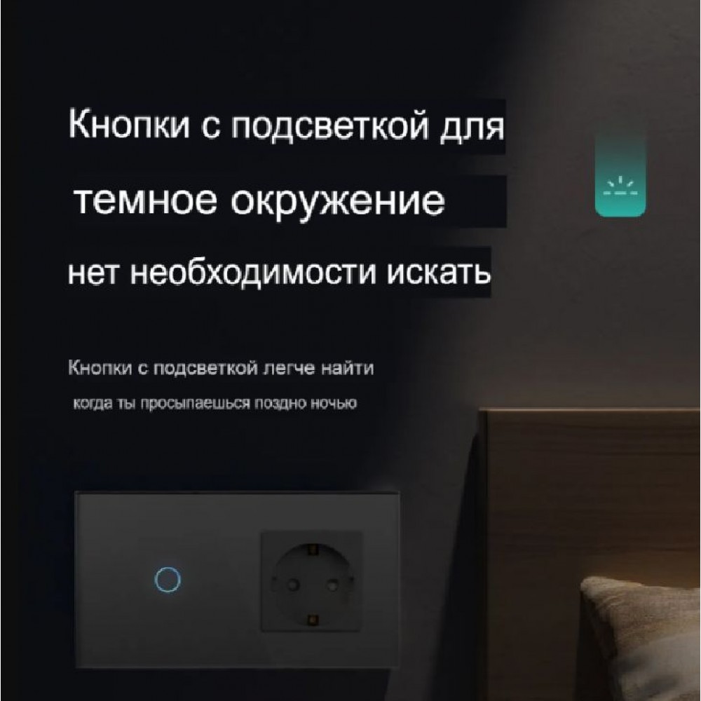 Розетка и умный выключатель Terem Techno одиночный с Алисой стеклянный серый с таймером с голосовым управлением Tuya / Smart Life / Digma умным домом