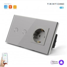 Розетка и умный WiFi выключатель Terem Techno двойной с Алисой стеклянный серый с таймером с голосовым управлением Tuya / Smart Life / Digma умным домом