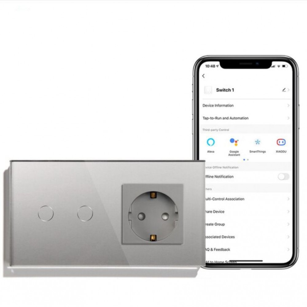 Розетка и умный WiFi выключатель Terem Techno двойной с Алисой стеклянный серый с таймером с голосовым управлением Tuya / Smart Life / Digma умным домом