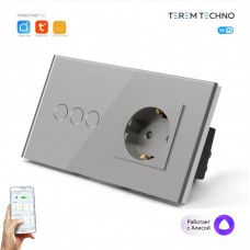 Розетка и умный WiFi выключатель Terem Techno тройной с Алисой стеклянный серый с таймером с голосовым управлением Tuya / Smart Life / Digma умным домом