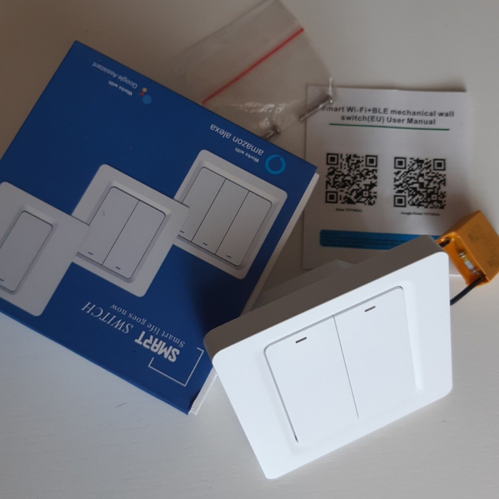 Умный двухклавишный выключатель WiFi+Bluetooth Tuya с Алисой УНИВЕРСАЛЬНЫЙ БЕЗ НУЛЯ И С НУЛЕМ  белый импульсный