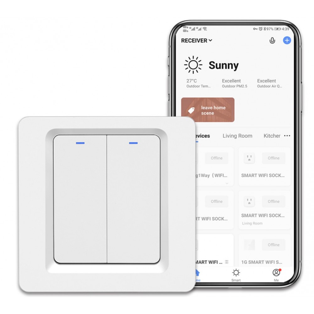 Умный двухклавишный выключатель WiFi+Bluetooth Tuya с Алисой УНИВЕРСАЛЬНЫЙ БЕЗ НУЛЯ И С НУЛЕМ  белый импульсный
