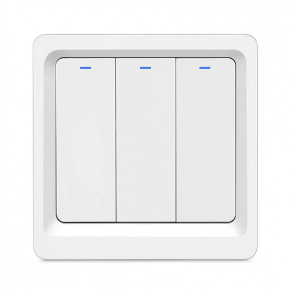 Умный трехклавишный выключатель WiFi+Bluetooth Tuya с Алисой УНИВЕРСАЛЬНЫЙ БЕЗ НУЛЯ И С НУЛЕМ  белый импульсный