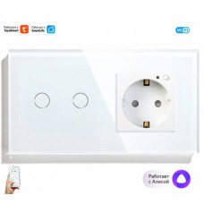 Умный выключатель двойной и умная розетка WiFi Tuya для Алисы от Яндекса с таймером стеклянная белая с голосовым управлением умным домом