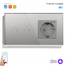 Умный выключатель двойной и умная WiFi розетка Tuya для Алисы от Яндекса с таймером стеклянная серая с голосовым управлением умным домом