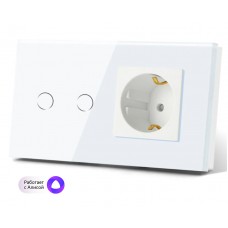 Розетка и умный выключатель двойной WiFi Tuya для Алисы от Яндекса стеклянная белая с таймером с голосовым управлением умным домом