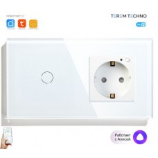 Умный выключатель одиночный и умная розетка WiFi Tuya для Алисы от Яндекса с таймером стеклянная белая с голосовым управлением умным домом