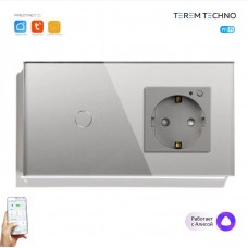 Умный выключатель одиночный и умная WiFi розетка Tuya для Алисы от Яндекса с таймером стеклянная серая с голосовым управлением умным домом