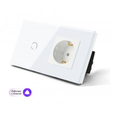 Розетка и умный выключатель одиночный WiFi Tuya для Алисы от Яндекса стеклянный белый с таймером с голосовым управлением умным домом