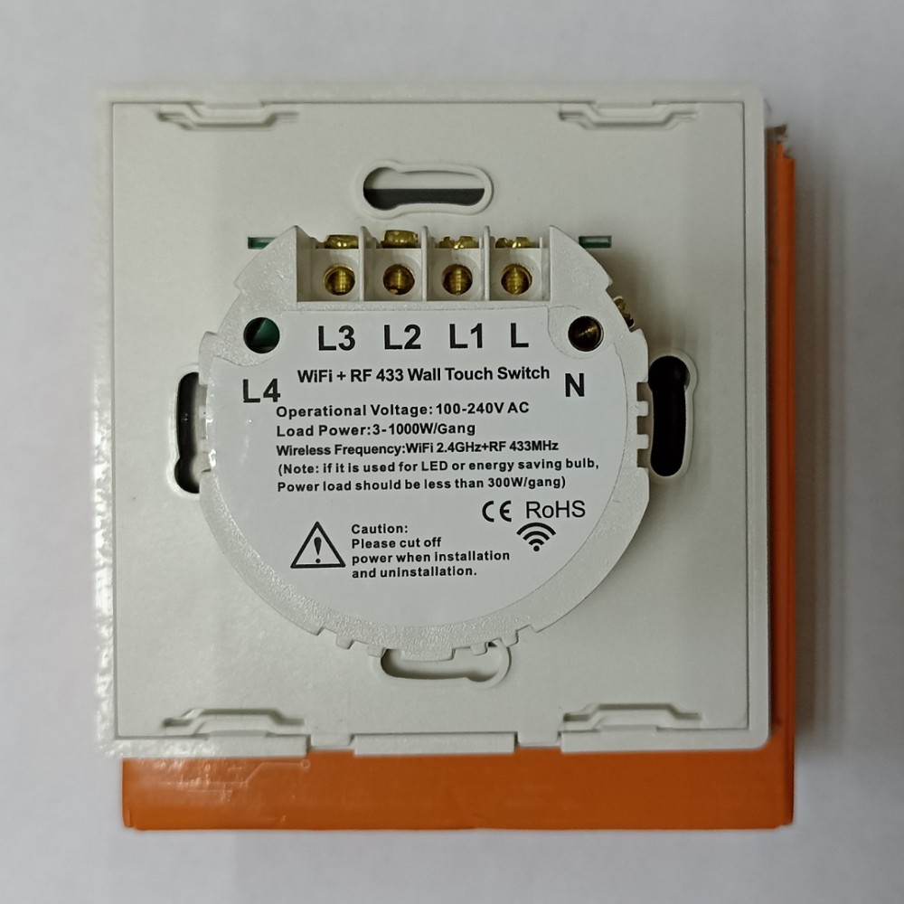 Умный выключатель с Алисой Яндекс Tuya WiFi RF433 4х клавишный сенсорный УНИВЕРСАЛЬНЫЙ БЕЗ НУЛЯ И С НУЛЕМ белый стеклянный