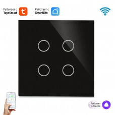 Умный выключатель с Алисой Яндекс Tuya WiFi RF433 4х клавишный сенсорный УНИВЕРСАЛЬНЫЙ БЕЗ НУЛЯ И С НУЛЕМ черный стеклянный