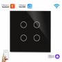 Умный выключатель с Алисой Яндекс Tuya WiFi RF433 4х клавишный сенсорный УНИВЕРСАЛЬНЫЙ БЕЗ НУЛЯ И С НУЛЕМ черный стеклянный