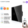 Умный выключатель с Алисой Яндекс Tuya WiFi RF433 двойной сенсорный УНИВЕРСАЛЬНЫЙ БЕЗ НУЛЯ И С НУЛЕМ черный стеклянный