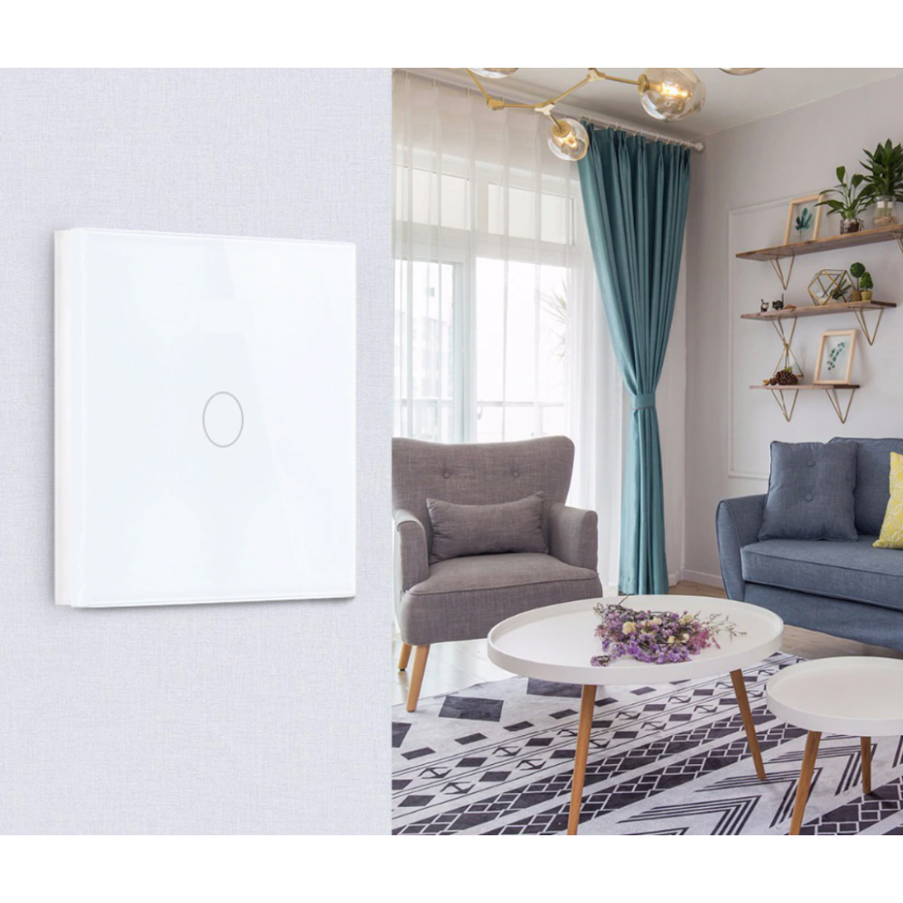 Умный WiFi выключатель Tuya для Алисы от Яндекса с НУЛЕМ и БЕЗ НУЛЯ одиночный сенсорный с металлической рамкой белый стеклянный