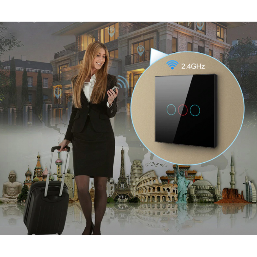 Умный WiFi выключатель Tuya для Алисы от Яндекса с НУЛЕМ и БЕЗ НУЛЯ тройной сенсорный с металлической рамкой черный стеклянный