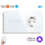 Умный выключатель тройной и умная розетка WiFi Tuya для Алисы от Яндекса с таймером стеклянная белая с голосовым управлением умным домом