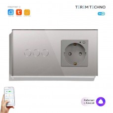 Умный выключатель тройной и умная WiFi розетка Tuya с Алисой от Яндекса с таймером стеклянная серая с голосовым управлением умным домом