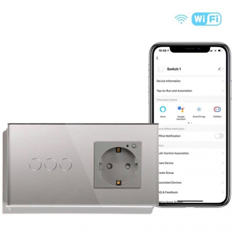 Умный выключатель тройной и умная WiFi розетка Tuya с Алисой от Яндекса с таймером стеклянная серая с голосовым управлением умным домом