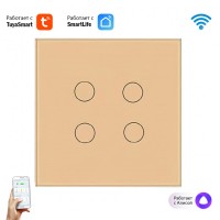 Умный выключатель Tuya с Алисой  WiFi RF433 4х клавишный сенсорный УНИВЕРСАЛЬНЫЙ БЕЗ НУЛЯ И С НУЛЕМ золотой стеклянный