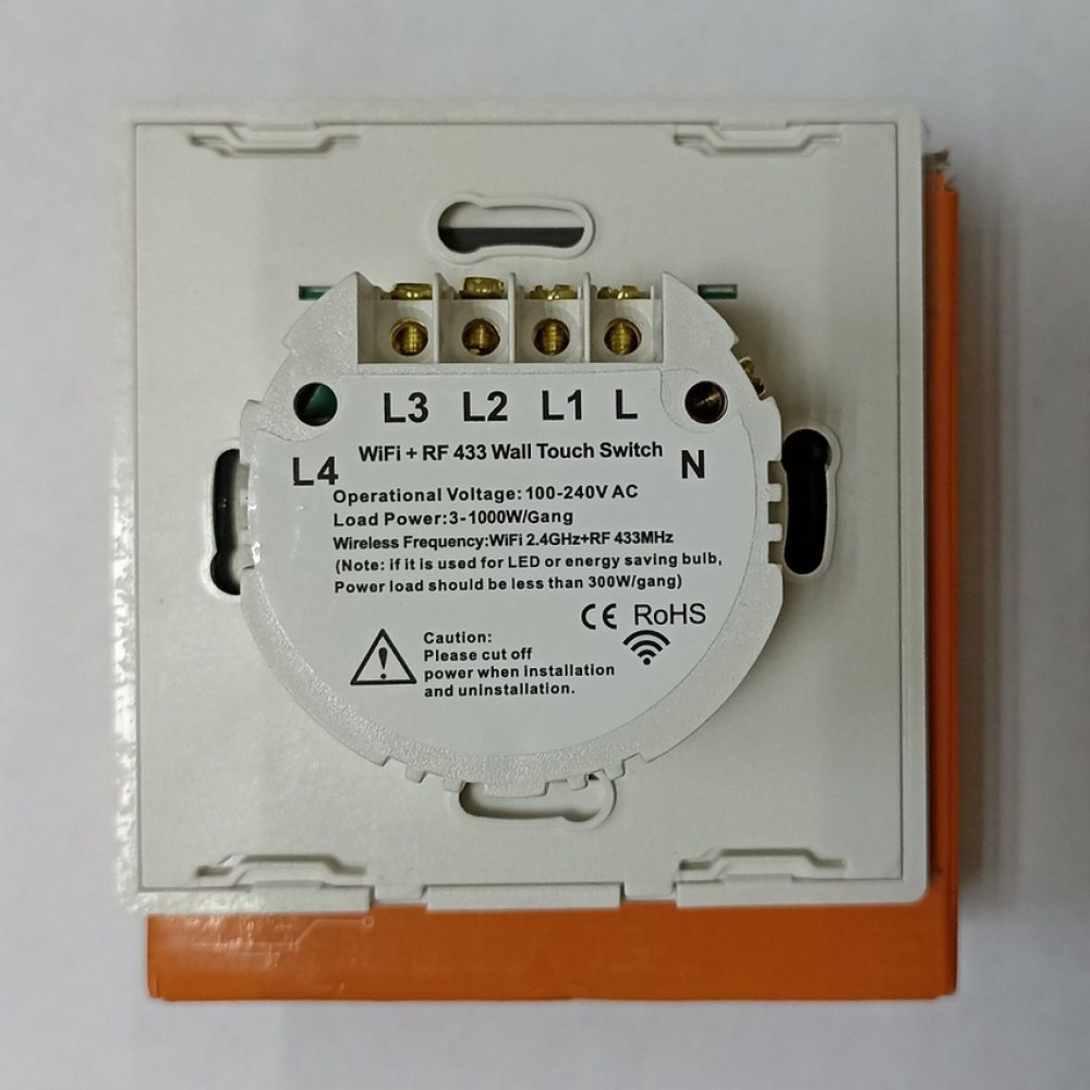 Умный выключатель Tuya с Алисой  WiFi RF433 4х клавишный сенсорный УНИВЕРСАЛЬНЫЙ БЕЗ НУЛЯ И С НУЛЕМ золотой стеклянный