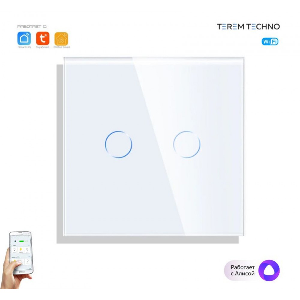 Умный WiFi выключатель Tuya для Алисы от Яндекса с НУЛЕМ и БЕЗ НУЛЯ двойной сенсорный с металлической рамкой белый стеклянный