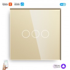 Умный выключатель Tuya с Алисой WiFi с НУЛЕМ и БЕЗ НУЛЯ тройной сенсорный с металлической рамкой золотой стеклянный