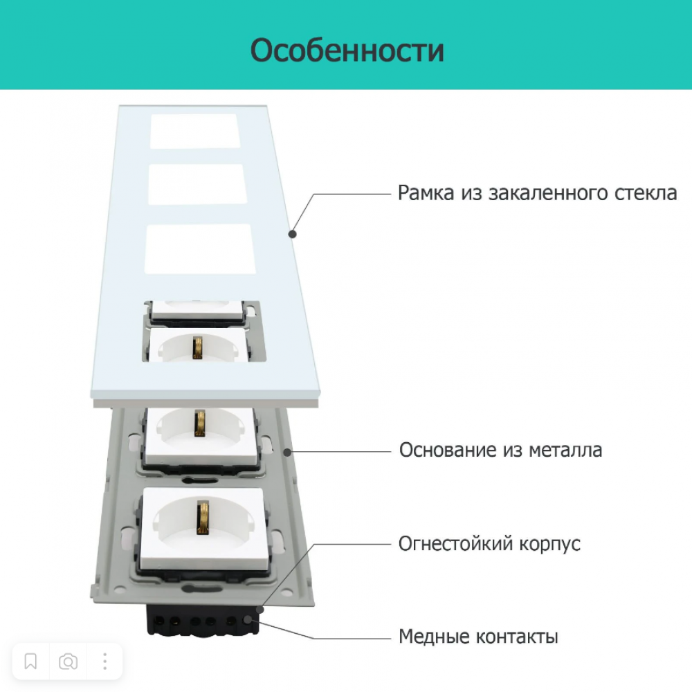 Четверная встраиваемая электрическая розетка Terem Techno с заземлением на 16А  стеклянная белая