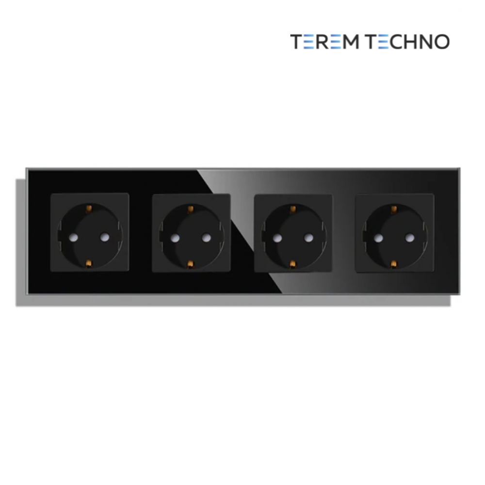 Четверная встраиваемая электрическая розетка Terem Techno с заземлением на 16А  стеклянная черная
