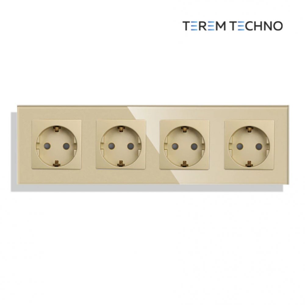 Четверная встраиваемая электрическая розетка Terem Techno с заземлением на 16А  стеклянная золотая