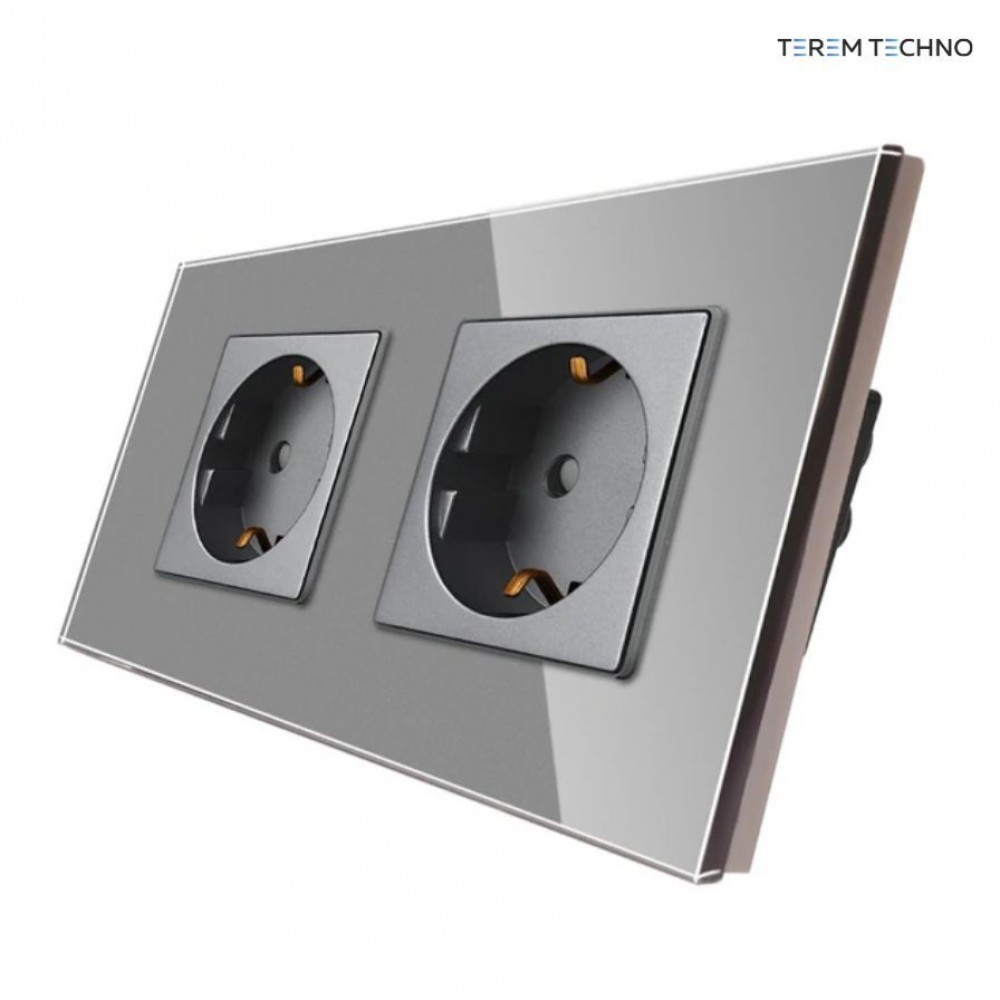 Двойная встраиваемая электрическая розетка Terem Techno с заземлением на 16А стеклянная серая