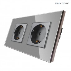 Двойная встраиваемая электрическая розетка Terem Techno с заземлением на 16А стеклянная серая