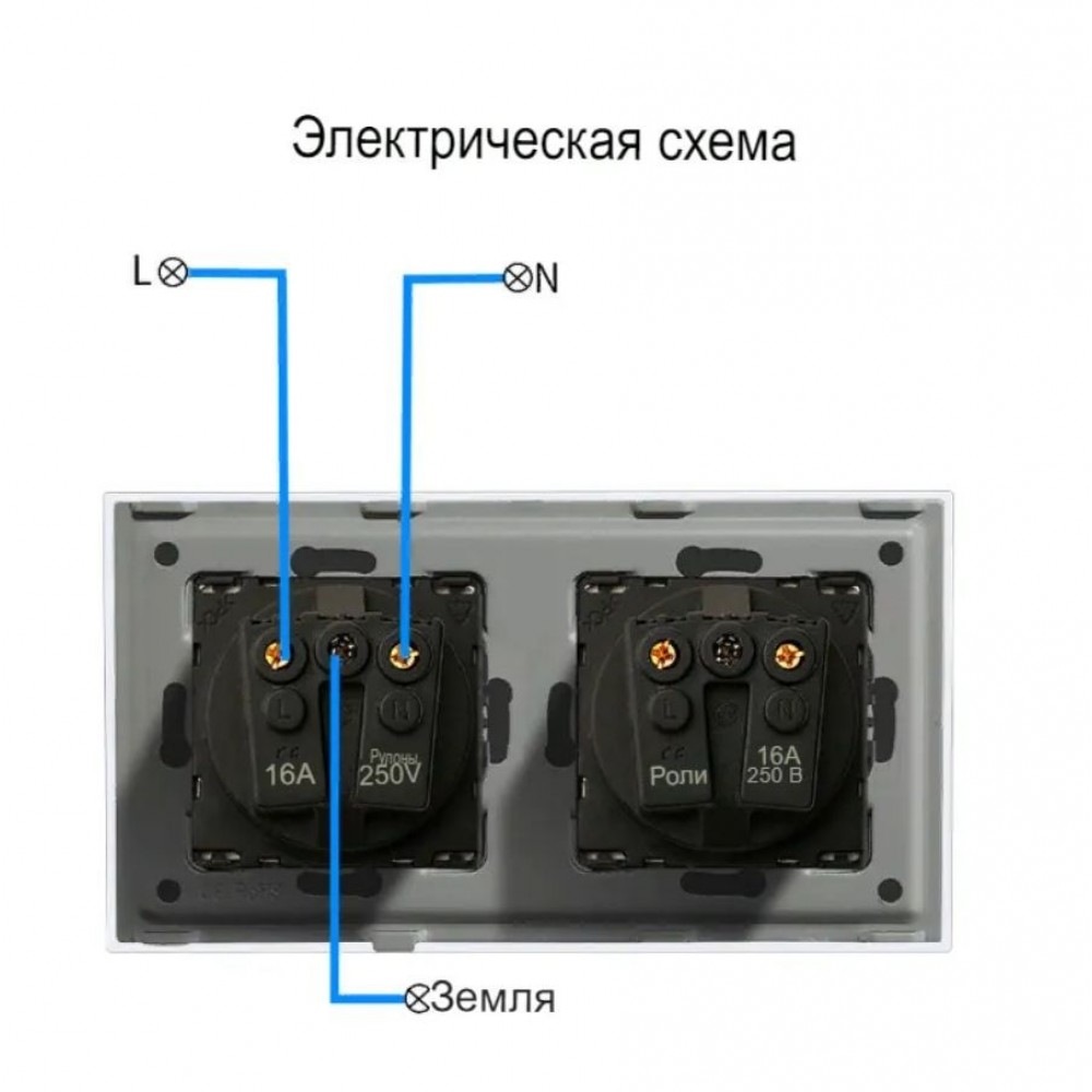 Двойная встраиваемая электрическая розетка Terem Techno с заземлением на 16А стеклянная серая