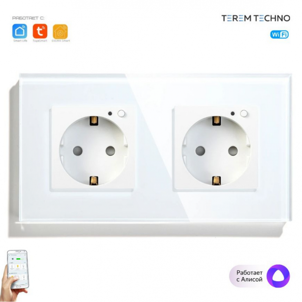 Умная двойная встроенная розетка Tuya для Алисы Яндекса WiFi 16А с таймером стеклянная белая с голосовым управлением умным домом