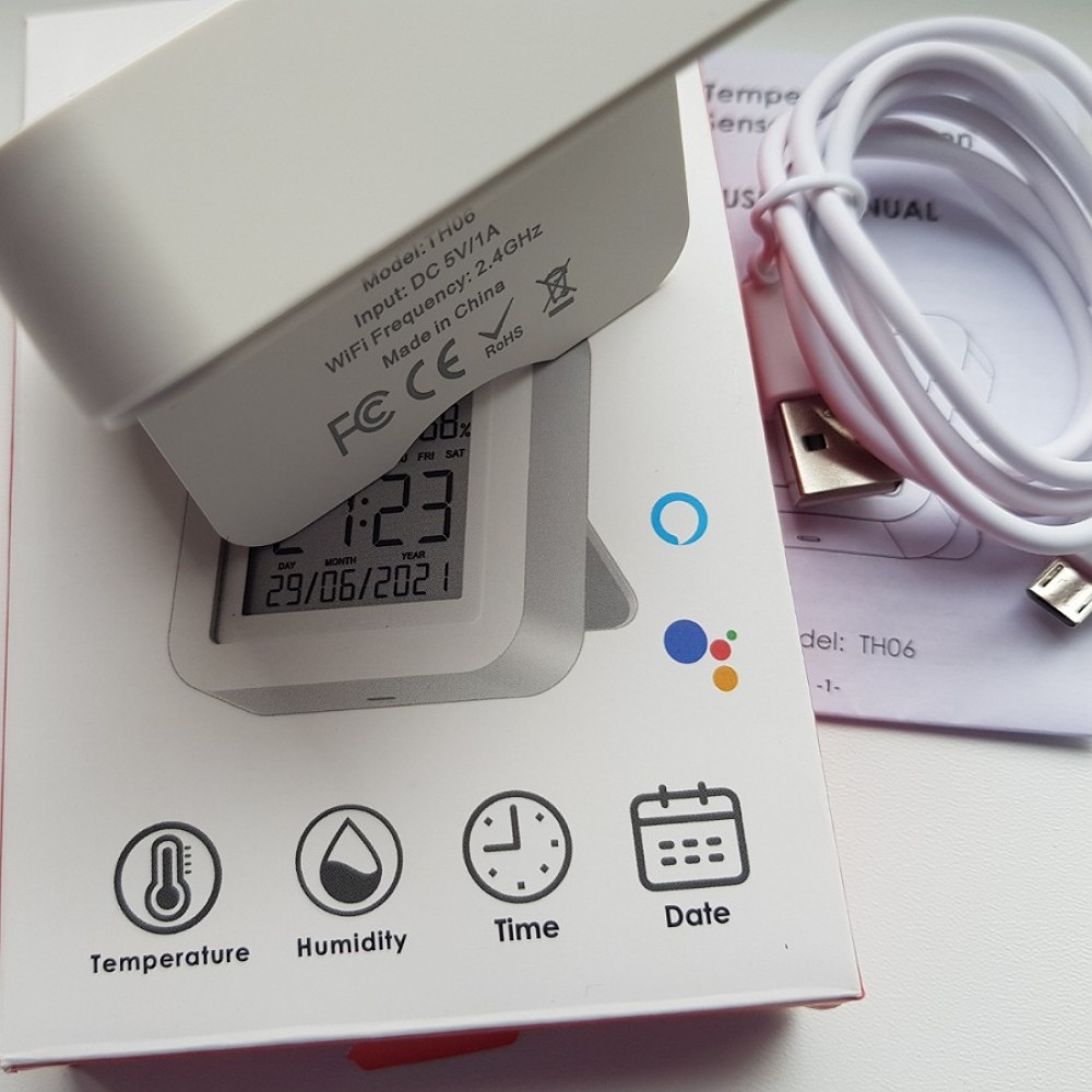 Умный датчик температуры и влажности WiFi Tuya для умного дома с дистанционным управлением белый работает без шлюза