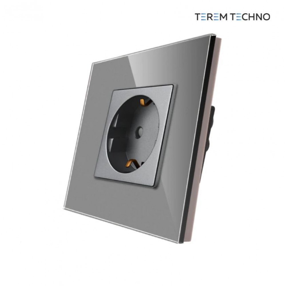 Встраиваемая электрическая розетка Terem Techno с заземлением на 16А одиночная стеклянная серая