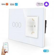 Розетка и умный выключатель тройной WiFi Tuya для Алисы от Яндекса стеклянная белая с таймером с голосовым управлением умным домом