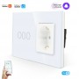 Розетка и умный выключатель тройной WiFi Tuya для Алисы от Яндекса стеклянная белая с таймером с голосовым управлением умным домом