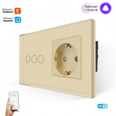 Розетка и умный выключатель тройной WiFi Tuya для Алисы стеклянная золотая с таймером с голосовым управлением умным домом