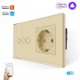 Розетка и умный выключатель тройной WiFi Tuya для Алисы стеклянная золотая с таймером с голосовым управлением умным домом