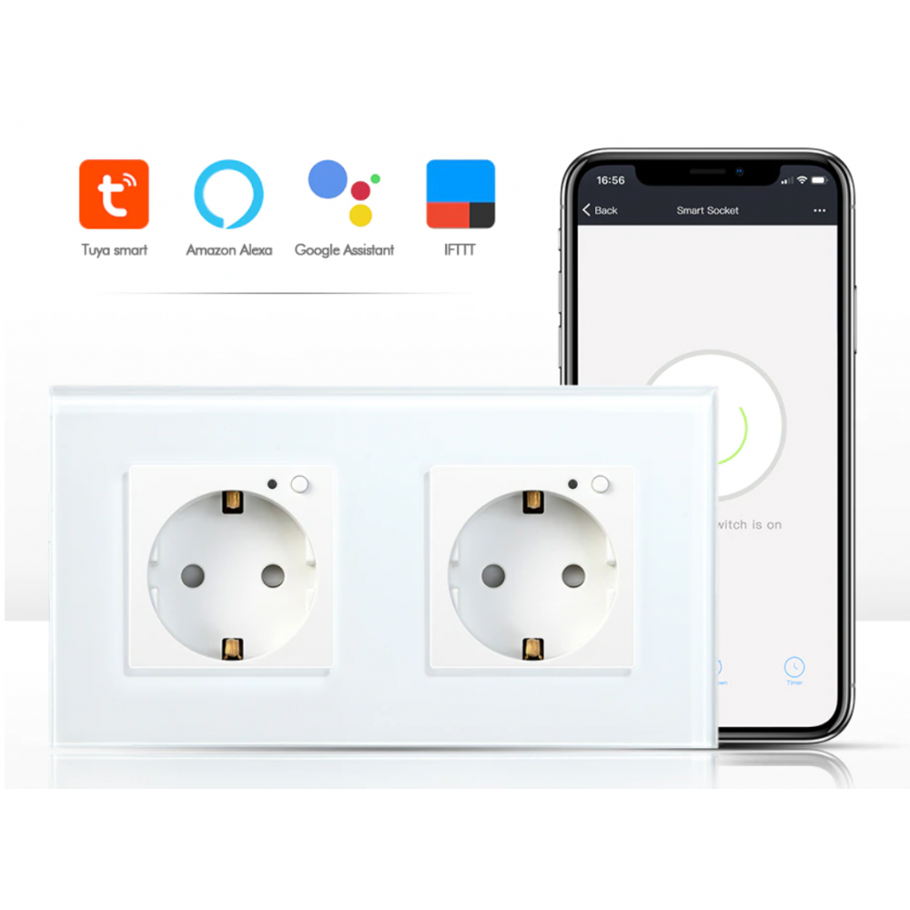 Умная двойная встроенная розетка Tuya для Алисы Яндекса WiFi 16А с таймером стеклянная белая с голосовым управлением умным домом