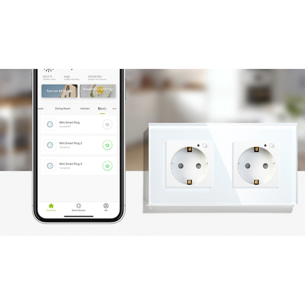 Умная двойная встроенная розетка Tuya для Алисы Яндекса WiFi 16А с таймером стеклянная белая с голосовым управлением умным домом