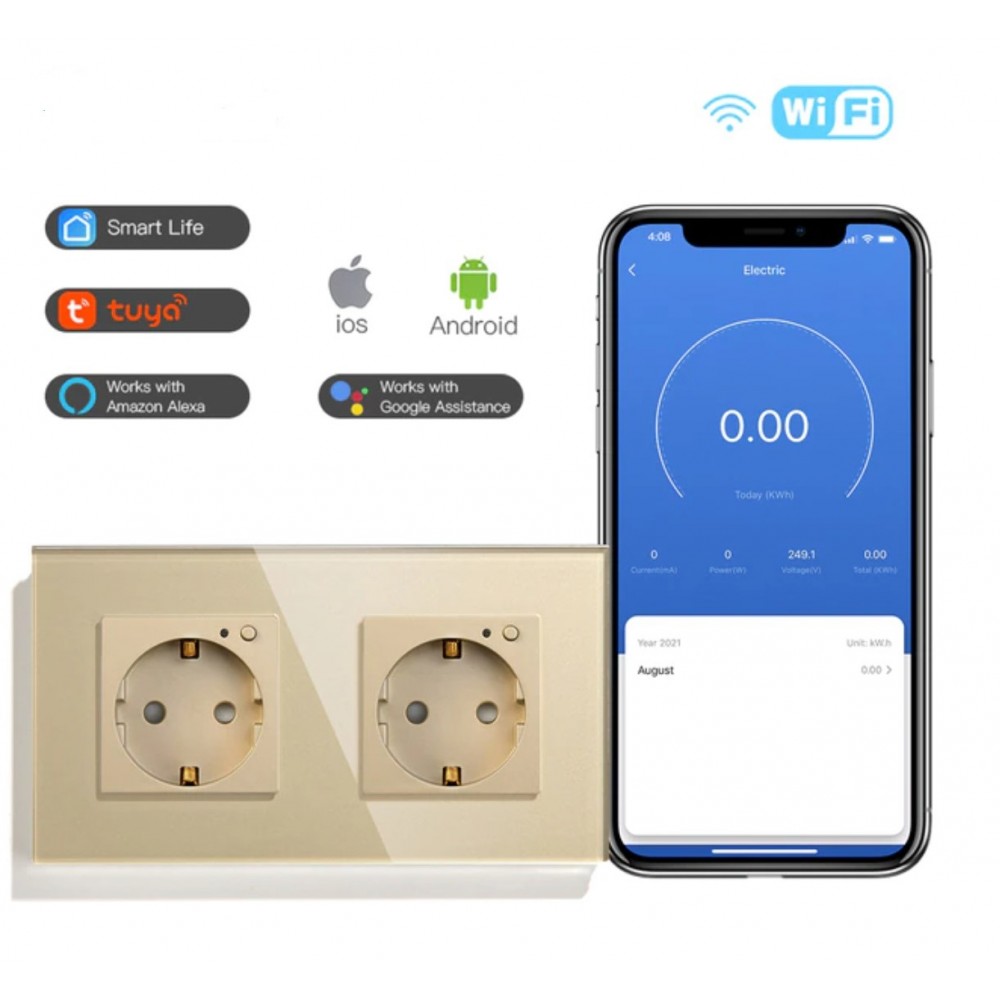 Умная двойная встроенная розетка Tuya для Алисы WiFi 16А с таймером стеклянная золотая с голосовым управлением умным домом