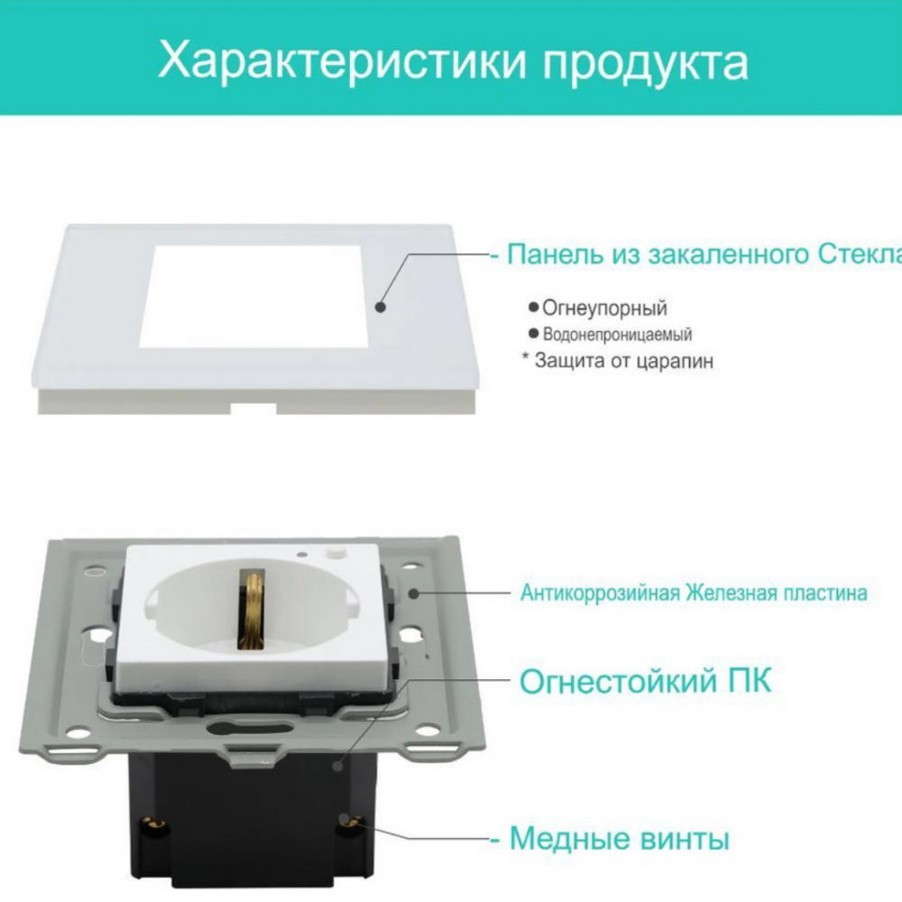 Умная встроенная розетка с Алисой от Яндекс Tuya WiFi 16А с таймером стеклянная белая с голосовым управлением умным домом