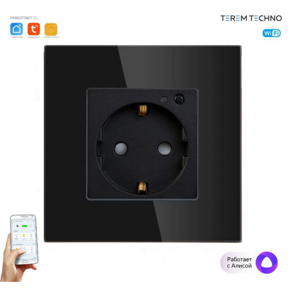 Умная встроенная розетка с Алисой от Яндекс Tuya WiFi 16А с таймером стеклянная черная с голосовым управлением умным домом с заземлением