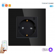 Умная встроенная розетка с Алисой от Яндекс Tuya WiFi 16А с таймером стеклянная черная с голосовым управлением умным домом с заземлением